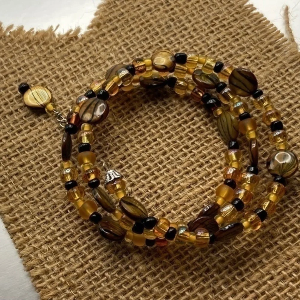 Memory‎ Wire Bracelet Gold Brown Black Beaded Wrap Around Boho Coil Bracelet